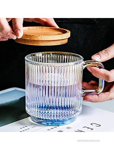 Glass Mugs Iridescent Glass Coffee Mug with Lid Glass Coffee Cups Extra Large Glass Coffee Mug with lids Clear Mugs for Coffee,12.5 Ounces Bamboo Lid