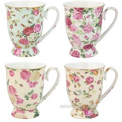 Gracie China by Coastline Imports Rose Chintz Porcelain Footed Mug Assorted with Gold Trim 9-Ounce Set of 4