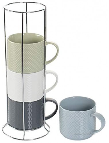 Hasense Stackable Porcelain Coffee Mugs Set of 4 with Metal Stand 15 Ounce Embossed Cappuccino Cups for Specialty Coffee Drinks and Tea Multi Color