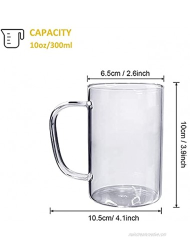 HORLIMER 10 oz Glass Coffee Mugs Set of 6 Clear Coffee Cup with Handle for Tea Cappuccino Latte Milk Juice Hot Beverages