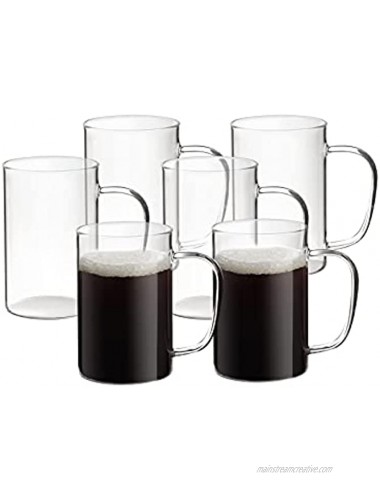 HORLIMER 10 oz Glass Coffee Mugs Set of 6 Clear Coffee Cup with Handle for Tea Cappuccino Latte Milk Juice Hot Beverages