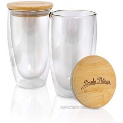 Simply Things Double Wall Insulated Borosilicate Glass Mugs with Bamboo lid Set of 2… 16 ounce