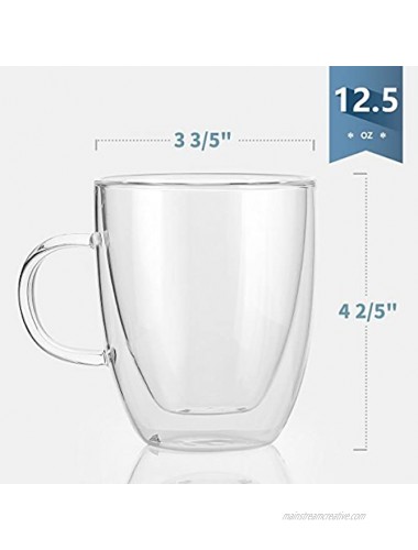 Sweese 413.101 Glass Coffee Mugs 12.5 oz Double Walled Insulated Mug Set with Handle Perfect for Latte Americano Cappuccinos Tea Bag Beverage Set of 2