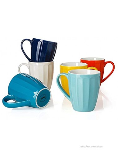 Sweese 602.002 Porcelain Fluted Mugs 14 Ounce for Coffee Tea Cocoa Set of 6 Hot Assorted Colors