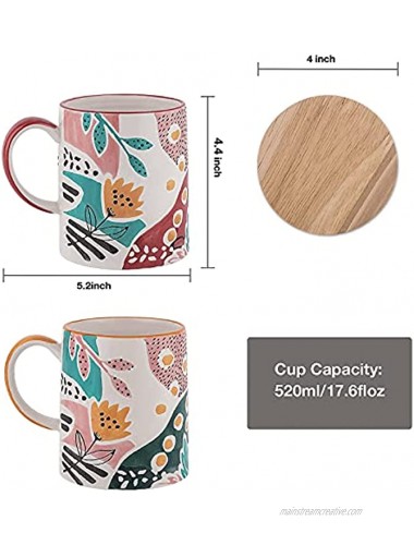 Taimei Teatime Ceramic Coffee Mug with lid 17.6-oz Large Coffee Mug Set of 2 in Pastoral Style with Handpainted Floral Pattern Tea Mug with Lid for Couple