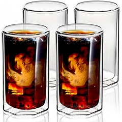 ZENS Double Walled Glasses,Unique Octagonal 13.5 oz Insulated Coffee Mugs Set of 4 Clear Borosilicate Glass Cups for Cappuccino or Latte Macchiato