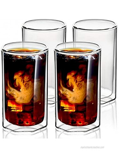 ZENS Double Walled Glasses,Unique Octagonal 13.5 oz Insulated Coffee Mugs Set of 4 Clear Borosilicate Glass Cups for Cappuccino or Latte Macchiato