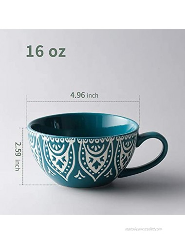 ZONESUM Large Coffee Mug 16 oz Big Latte Mugs Ceramic Soup Mug with Handle Jumbo Mug for Cappuccino Latte Coffee Soup Tea Cereal Dishwasher and Microwave Safe Set of 2 Peacock Blue