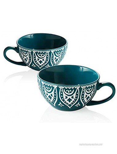 ZONESUM Large Coffee Mug 16 oz Big Latte Mugs Ceramic Soup Mug with Handle Jumbo Mug for Cappuccino Latte Coffee Soup Tea Cereal Dishwasher and Microwave Safe Set of 2 Peacock Blue