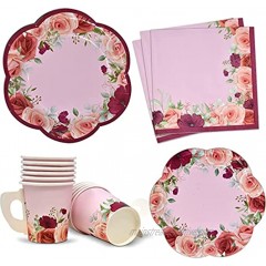 24 Disposable Tea Cups and Saucers Sets Floral Design 7 Flower Scallop Shaped Plates 24 5 Saucer Paper Plate 24 5 oz. Tea Cup with Handle 48 Lunch Napkins for Spring Wedding Birthday Party Supplies