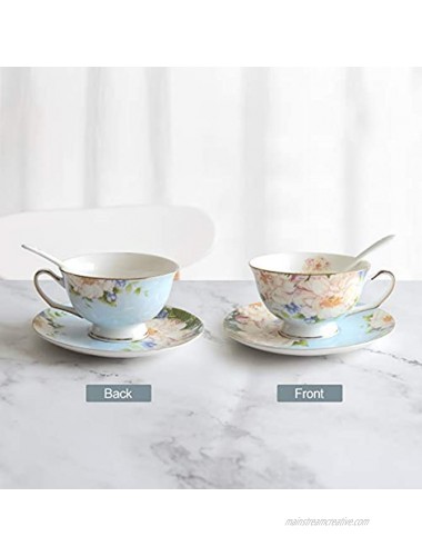 ABHOME Bone China Cup and Saucer Set Vintage Floral Porcelain Tea Cup with Gold Trim for Women 6 oz Blue