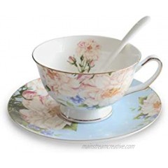 ABHOME Bone China Cup and Saucer Set Vintage Floral Porcelain Tea Cup with Gold Trim for Women 6 oz Blue