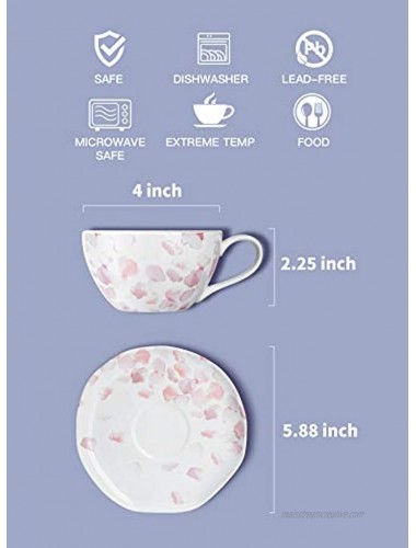 Amazingware Porcelain Tea Cups and Saucers with Elegant Rose Print British Coffee Cups Set of 6 8 oz Tea Set for Women Floral Tea