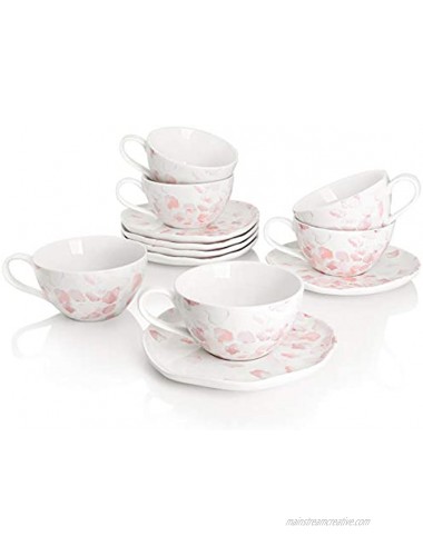 Amazingware Porcelain Tea Cups and Saucers with Elegant Rose Print British Coffee Cups Set of 6 8 oz Tea Set for Women Floral Tea