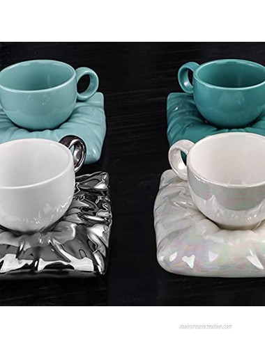 Artena 8 oz Cappuccino Latte Cup Ultra-fine Glazing Ceramic Coffee Cups Mugs Set Fun Tea Cups and Saucers Double Espresso Cups for Americano Cafe Mocha,Siliver-White