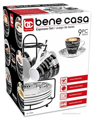 Bene Casa Ceramic 9 Piece Espresso Set Including Metal Stand 4 Espresso Cups 3oz and 4 Saucers Stain Resistant Glaze