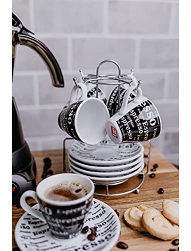 Bene Casa Ceramic 9 Piece Espresso Set Including Metal Stand 4 Espresso Cups 3oz and 4 Saucers Stain Resistant Glaze