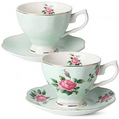 BTaT- Floral Tea Cups and Saucers Set of 2 Green 8 oz with Gold Trim and Gift Box Coffee Cups Floral Tea Cup Set British Tea Cups Porcelain Tea Set Tea Sets for Women Latte Cups