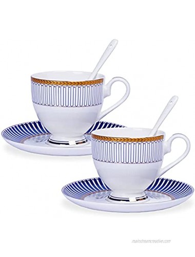 Chulan Porcelain Tea Set Serving for 2 Bone China Tea Cups Saucers Spoons Set Women Coffee Cups 8 Oz with Gold Trim and Blue Ridge Tea Gift Sets for Home and Office