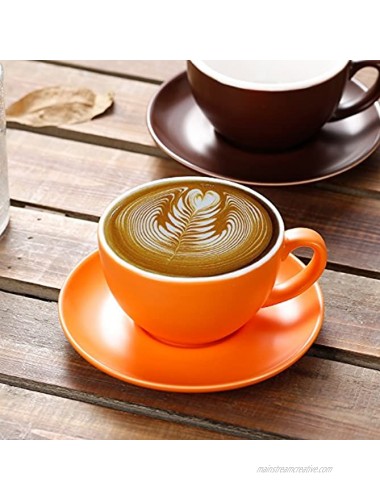 Coffeezone Latte Art Cup and Saucer Latte & Cappuccino & Double Espresso New Bone China for Coffee Shop and Barista Matte Orange 10.5 oz