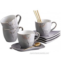 CwlwGO-5OZ tea cup and saucer 4SETS golden spoon,European small luxury Porcelain Cup and saucer set household minimalist Nordic afternoon tea set GREY