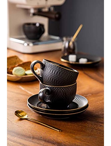 CwlwGO-7 Oz Coffee cups and saucers of 4 Sets,with gold trim and golden spoon,for Cappuccino MOCHA Modern Design. black……