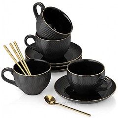 CwlwGO-7 Oz Coffee cups and saucers of 4 Sets,with gold trim and golden spoon,for Cappuccino MOCHA Modern Design. black……