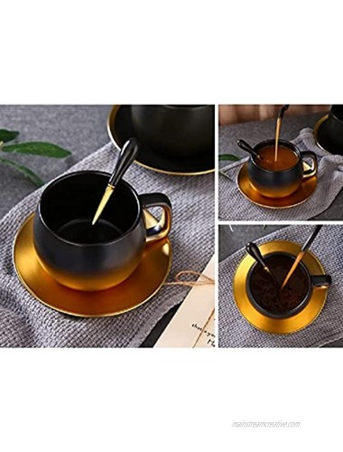 Darklove Vintage Ceramic Coffee Tea Cup 9.85oz Black and Gold Coffee Cups with Spoon and Saucer Set Coffee Mugs for Cappuccino Latte Matte black gold