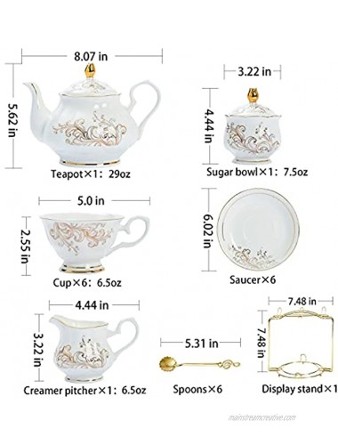 Daveinmic 22-Pieces Porcelain Bone china Tea Sets,Gold Rim Coffee Set with Golden Metal Rack,Cups,Saucers,Spoons,Teapot,Sugar Bowl,Creamer Pitcher,Tea Gift Sets for Home&PartyGold Rim phoenix set