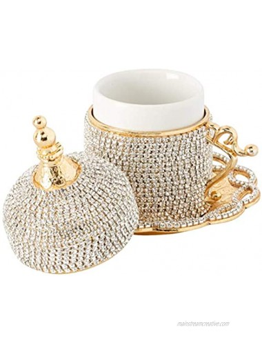 Demmex Turkish Coffee Espresso Cup with Inner Porcelain Metal Holder Saucer and Lid Gold with Crystals