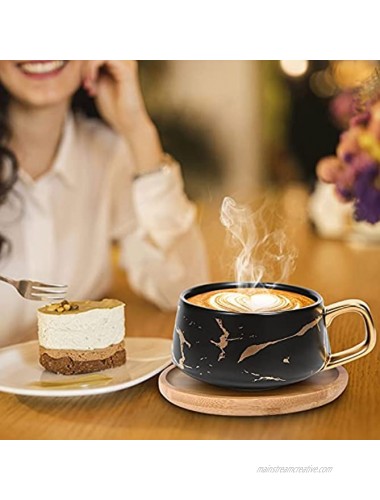 ENJOHOS 10 Oz Ceramic Tea Cup Coffee Cup Set with Wooden Saucer European Golden Hand Cup Saucer SetBlack