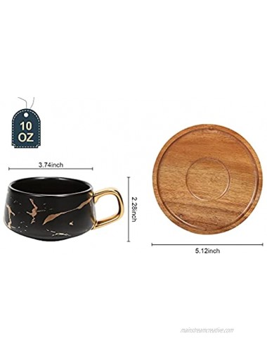 ENJOHOS 10 Oz Ceramic Tea Cup Coffee Cup Set with Wooden Saucer European Golden Hand Cup Saucer SetBlack