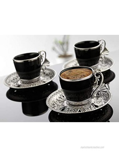 Fancy Turkish Coffee Cup Saucers Set of 6 Porcelain 4 oz. Turkish Coffee Set Espresso Cup Set Greek Coffee Demitasse Coffee Mug Women Men Adults Housewarming Birthday Wedding Black Silver