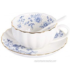 fanquare 7oz Blue Rose Porcelain Coffee Cup White Tea Cup and Saucer,British Floral Single Tea Coffee Cup