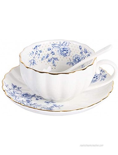 fanquare 7oz Blue Rose Porcelain Coffee Cup White Tea Cup and Saucer,British Floral Single Tea Coffee Cup