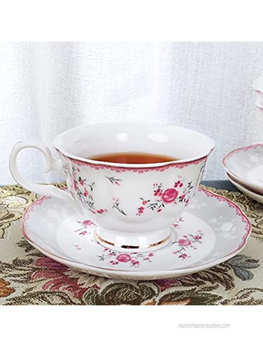 fanquare Pink Rose Tea Cup and Saucer Set for 6 British Vintage Afternoon Cup Set Porcelain Coffee Cup with Gold Border 5 oz