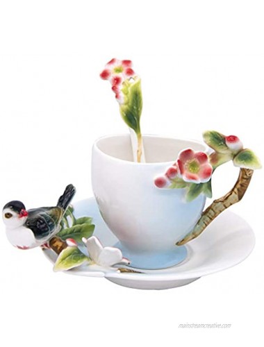 FEIYABDF Bird 15 Pieces of Coffee Cup Tea Cup and Saucer Spoon Tea Pot Set,Using Colored Ceramic and Sculpture Technology.Handmade by Ceramic Master. N4