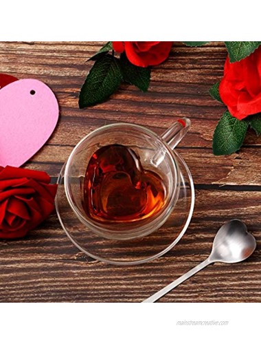Heart Shaped Double Walled Glass Insulated Coffee Mug Clear Tea Cup 180 ml 6 Oz Cappuccino Cup with Saucer and Heart Shaped Coffee Spoons for Valentine's Day Anniversary Party Supplies