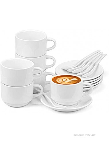 Hedume 6 Pack 5 OZ Espresso Cups with Saucers and Spoons Stackable Espresso Coffee Cup Set for Specialty Coffee Drinks Latte Cafe Mocha and Tea