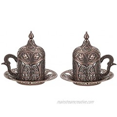 HeraCraft 2 Pcs Copper Turkish Greek Arabic Moroccan Coffee & Espresso Cup with Inner Porcelain Metal Holder Saucers and Lids 2 Cups Consists of 8 Pcs & Handmade