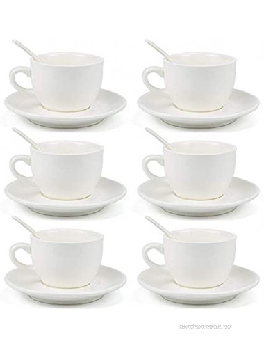Kingrol 8 Ounces Porcelain Cappuccino Cups with Saucers & Spoons Set of 6 Espresso Mugs for Latte Mocha Cappuccino and Tea
