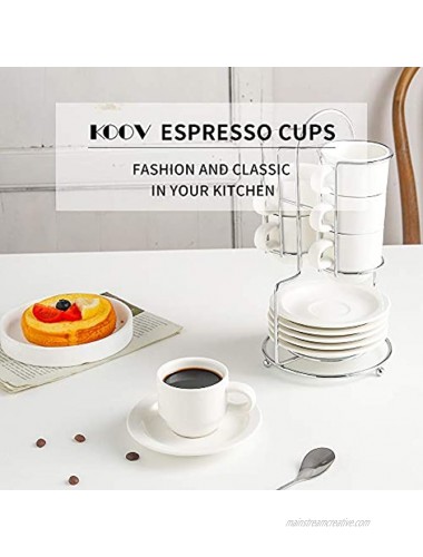 KOOV Porcelain Stackable Espresso Cups Set Coffee Cups Set with Saucers and Metal Stand 2.5 Ounce Coffee Cup Set of 6 White