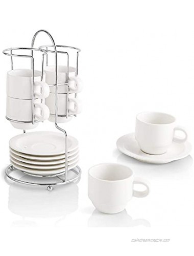 KOOV Porcelain Stackable Espresso Cups Set Coffee Cups Set with Saucers and Metal Stand 2.5 Ounce Coffee Cup Set of 6 White
