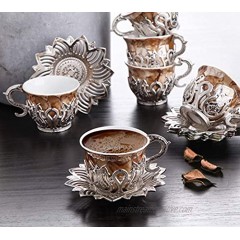 LaModaHome Espresso Coffee Cups with Saucers Set of 6 Porcelain Turkish Arabic Greek Coffee Cup and Silver Saucer Coffee Cup for Women Men Adults Guests New Home Wedding Gifts