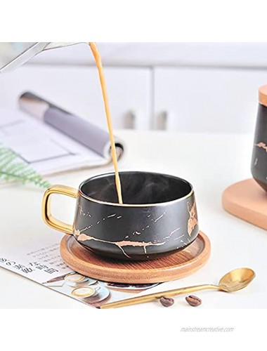LUCCK 12oz Ceramic Marble Tea Cup with Wooden Saucer Ceramic Coffee Cup Cappuccino Cup Luxury Gold Inlay Fashion Marble Pattern for WomenBlack