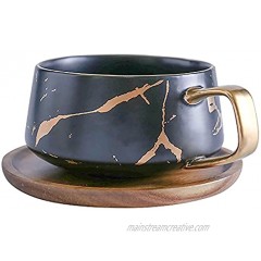 LUCCK 12oz Ceramic Marble Tea Cup with Wooden Saucer Ceramic Coffee Cup Cappuccino Cup Luxury Gold Inlay Fashion Marble Pattern for WomenBlack