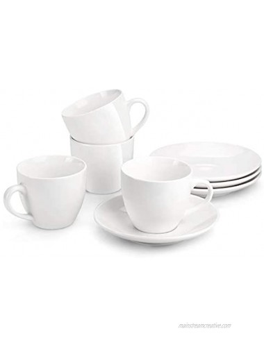 MIWARE 7 Ounce Porcelain Cappuccino Cups with Saucers Set of 4 Perfect for Specialty Coffee Drinks Latte Cafe Mocha and Tea White