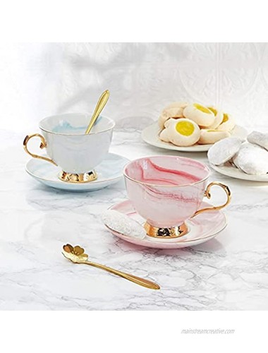 Pink Marbled Ceramic Tea Cup and Matching Saucer with Gold Spoon 7 Oz 3 Pieces