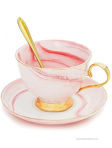Pink Marbled Ceramic Tea Cup and Matching Saucer with Gold Spoon 7 Oz 3 Pieces