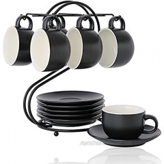 Porcelain Expresso Cups4.5oz with Saucers & Metal Stand Candiicap Demitasse Cups Set for Coffee Cappuccino Latte Expresso Americano Tea 4.5oz,Matte Black